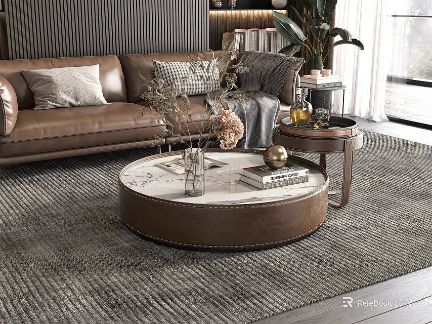 Modern Leather Sofa and Coffee Table Set with Round Marble Top Pillows Side Table and Greenery 3d model