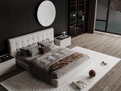 Modern Double Bed With White Upholstered Headboard Gray Brown Bedding Nightstands Round Mirror White Textured Rug 3d model