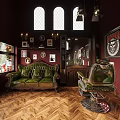 Vintage Hair Salon Interior with Green Barber Chairs Red Walls and Wooden Counter