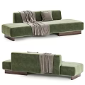 Upholstered Three Seater Sofa In Green And Gray With Throw Blanket Pillows And Wooden Base