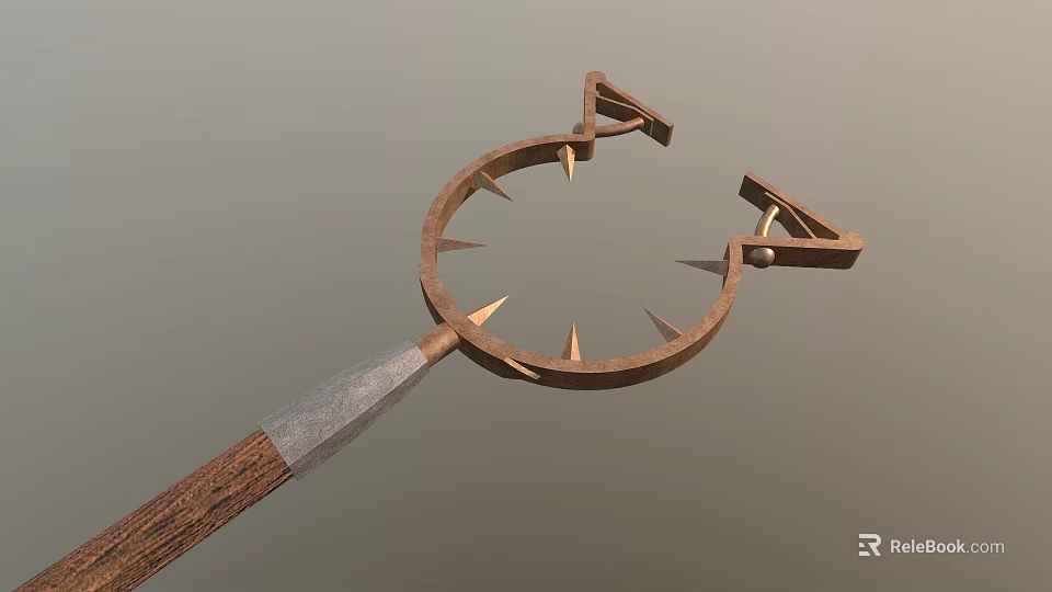 Medieval Circular Spiked Weapon Featuring Wooden Handle Sharp Spikes And Metal Frame 3d model 