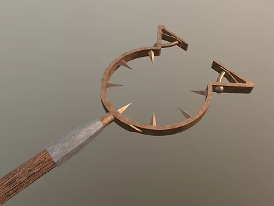 Medieval Circular Spiked Weapon Featuring Wooden Handle Sharp Spikes And Metal Frame 3d model