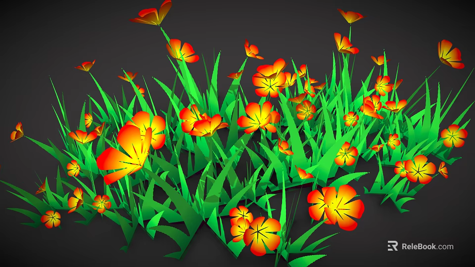 Vibrant Orange Yellow Flowers With Green Grass Leaves On Black Background 3d model 
