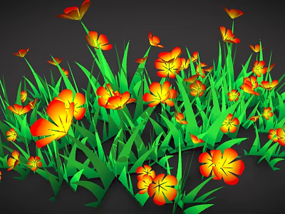 Vibrant Orange Yellow Flowers With Green Grass Leaves On Black Background 3d model