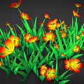 Vibrant Orange Yellow Flowers With Green Grass Leaves On Black Background