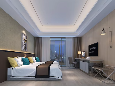 Modern Hotel Guest Room Interior With Bed Colorful Pillows TV Desk And Night View 3d model