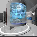 Red Themed Exhibition Space With Party Emblem And Modern Display Cabinets Showcase
