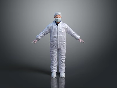 Person in White Protective Suit Standing with Arms Outstretched on Gray Background 3d model