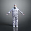 Person in White Protective Suit Standing with Arms Outstretched on Gray Background
