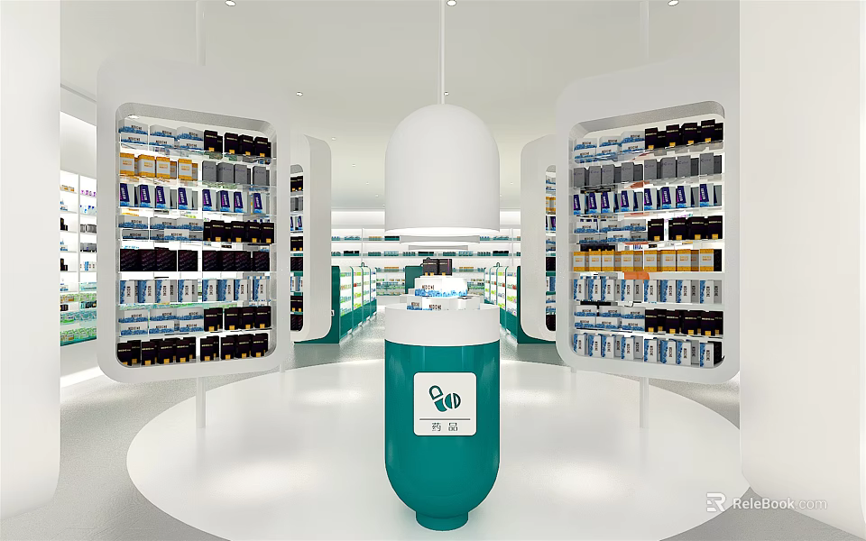 Well Organized Specialty Store Interior With Shelves Displaying Various Products And Green Cylindrical Stand 3d model 