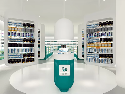 Well Organized Specialty Store Interior With Shelves Displaying Various Products And Green Cylindrical Stand 3d model
