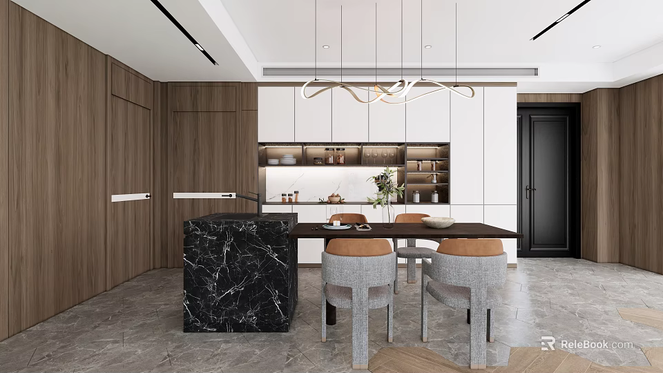 Modern Open Concept Restaurant Interior With Dining Table Chairs And Pendant Lights 3d model