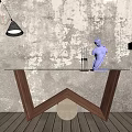 Elegant Console Table With Glass Top Wooden Legs And Statue Decor Against Gray Textured Wall