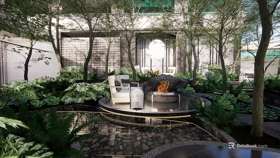 Serene Garden Landscape With Circular Platform Fire Pit Lounge Chair Water Feature And Greenery 3d model 