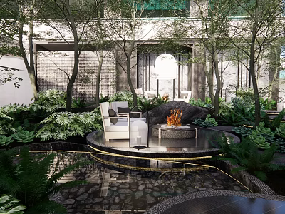 Serene Garden Landscape With Circular Platform Fire Pit Lounge Chair Water Feature And Greenery 3d model