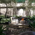Serene Garden Landscape With Circular Platform Fire Pit Lounge Chair Water Feature And Greenery