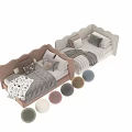 Cozy Kids Bed With Scalloped Headboard Tan Frame Soft Pillows Plush Blanket And Stuffed Toy
