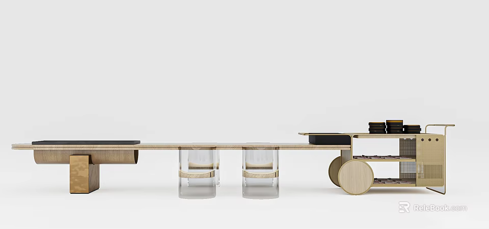 Modern Wooden Table With Glass Legs Tray And Decorative Objects 3d model