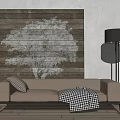 Two Seater Sofa With Checkered Blanket Striped Cushion Wooden Wall Tree Pattern And Floor Lamp