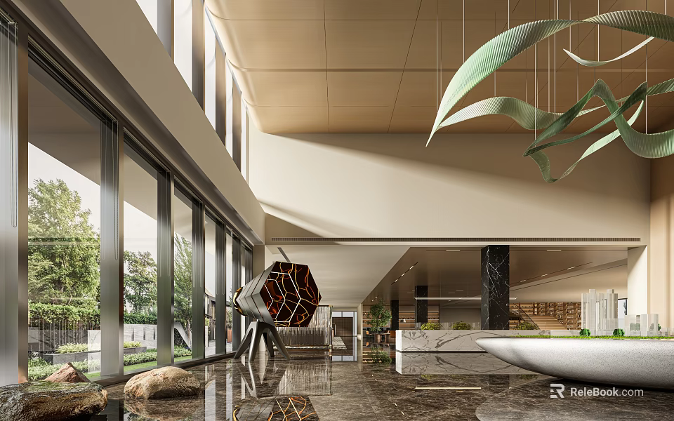 Modern Sales Office Interior With High Ceiling And Art Sculpture 3d model 