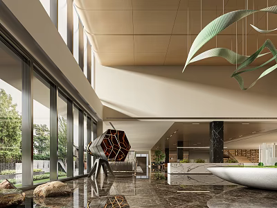 Modern Sales Office Interior With High Ceiling And Art Sculpture 3d model
