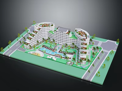 Luxury Resort Building Complex With Rooftop Gardens Palm Trees And Swimming Pool 3d model
