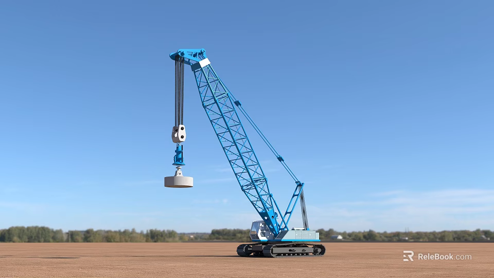 Construction Site With Blue Crawler Crane Lifting Weight Under Clear Sky 3d model 