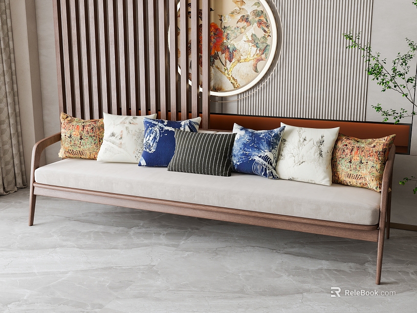 Multi Seat Sofa With Colorful Patterned Cushions Wooden Slat Partition And Green Plant 3d model 