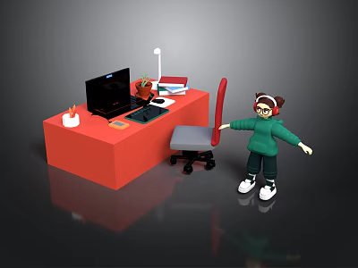 Red Desk Workspace With Computer Lamp Potted Plant Books And Office Chair 3d model