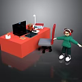Red Desk Workspace With Computer Lamp Potted Plant Books And Office Chair