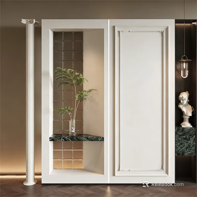Modern Interior Partition with White Frame Potted Plant Brown Tile Backdrop and Marble Countertop 3d model 
