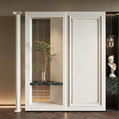 Modern Interior Partition with White Frame Potted Plant Brown Tile Backdrop and Marble Countertop 3d model