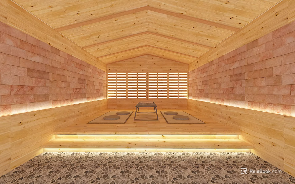 Wooden Sauna Room Interior With Benches Slatted Windows Warm Lighting And Pebble Floor 3d model 