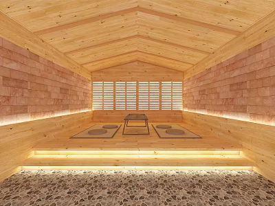 Wooden Sauna Room Interior With Benches Slatted Windows Warm Lighting And Pebble Floor 3d model