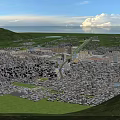 Aerial Urban Planning View With City Layout Numerous Buildings Green Spaces Mountain And Sea