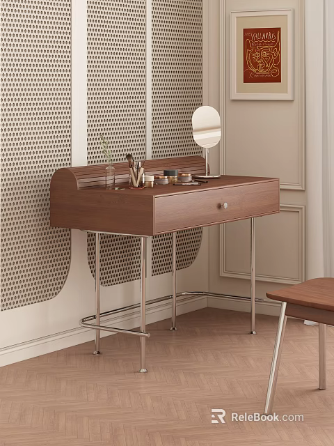 Walnut Vanity Table With Metal Legs Round Mirror And Decor Items On Perforated Panel Wall 3d model 