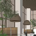 Modern Casual Lounge Area Featuring Green Plants Wooden Elements Pendant Lights and Screens