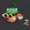 Colorful Cartoon Submarine Toy Featuring Green Top Yellow Body And Small Companion Figure