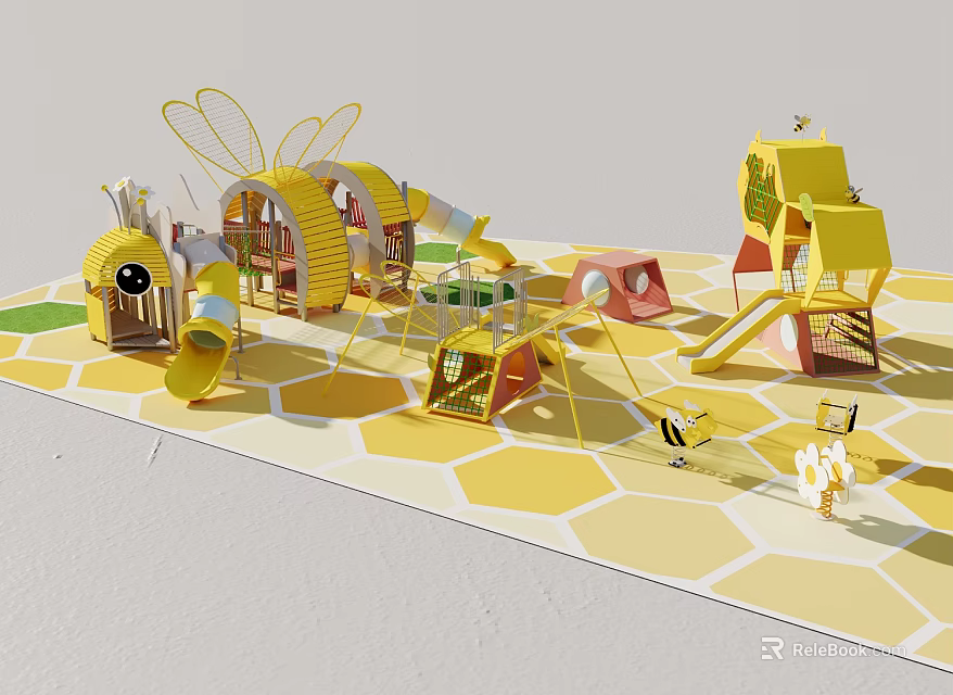 Yellow Bee Themed Playground With Slides Swings Climbing Frames And Hexagonal Floor 3d model 
