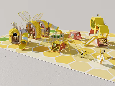 Yellow Bee Themed Playground With Slides Swings Climbing Frames And Hexagonal Floor 3d model