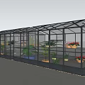 Various Greenhouse Structures with Glass Panels and Plant Growing Areas