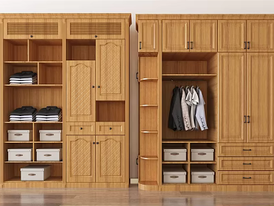 Traditional Wooden Wardrobes With Multiple Storage Shelves Drawers And Hanging Rods 3d model