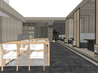 Modern Restaurant Interior With Long Tables White Chairs Wooden Elements Lattice Partitions And Green Plants 3d model
