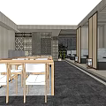 Modern Restaurant Interior With Long Tables White Chairs Wooden Elements Lattice Partitions And Green Plants