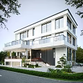 Modern Multi Story Detached Villa With Large Glass Windows And Balconies Surrounded By Greenery
