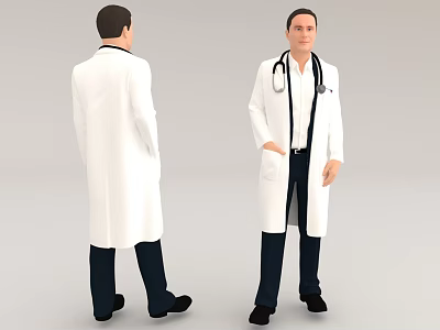 Man in White Doctor Coat with Stethoscope Standing Front and Back View 3d model
