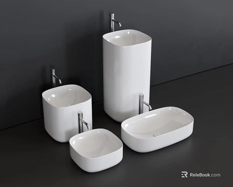 Modern White Ceramic Washbasins With Various Shapes On Dark Countertop Background 3d model