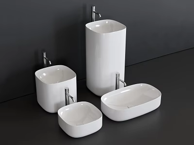 Modern White Ceramic Washbasins With Various Shapes On Dark Countertop Background 3d model