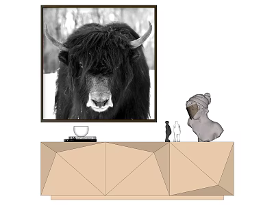Black and White Yak Animal Painting Hanging on Wall Above Geometric Cabinet With Small Figurine 3d model