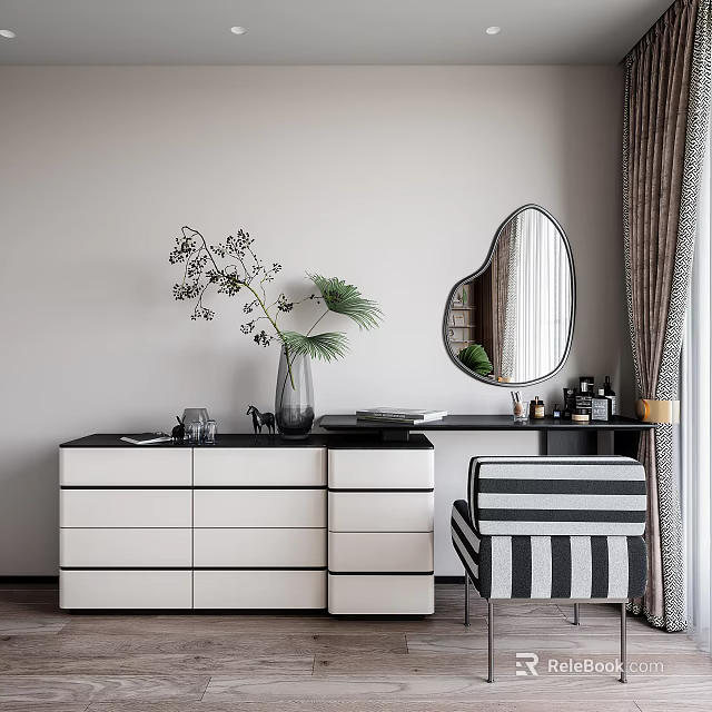 Modern Vanity Table Interior With Heart Mirror Striped Chair And Drawers 3d model